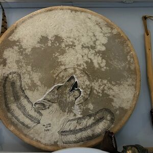 Handcrafted Drum with Wolf and Feather Design all items sold as a lot $599